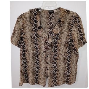 Neutral Reptile Snake Print Vintage 100% Silk Button Up Boxy Top Ruffle Size 18W